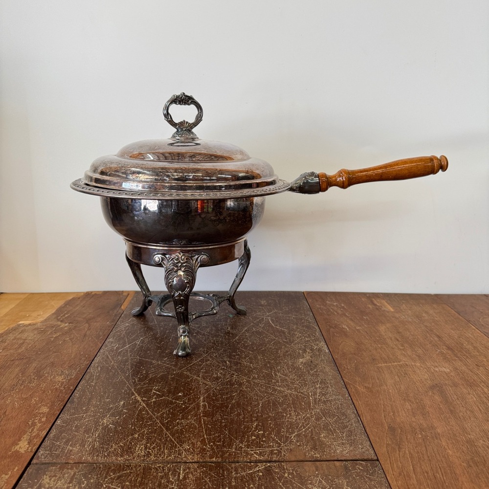 Sheridan Silver‎ Plated Ornate Footed Chafing Dish Buffet Server Wood Handle
